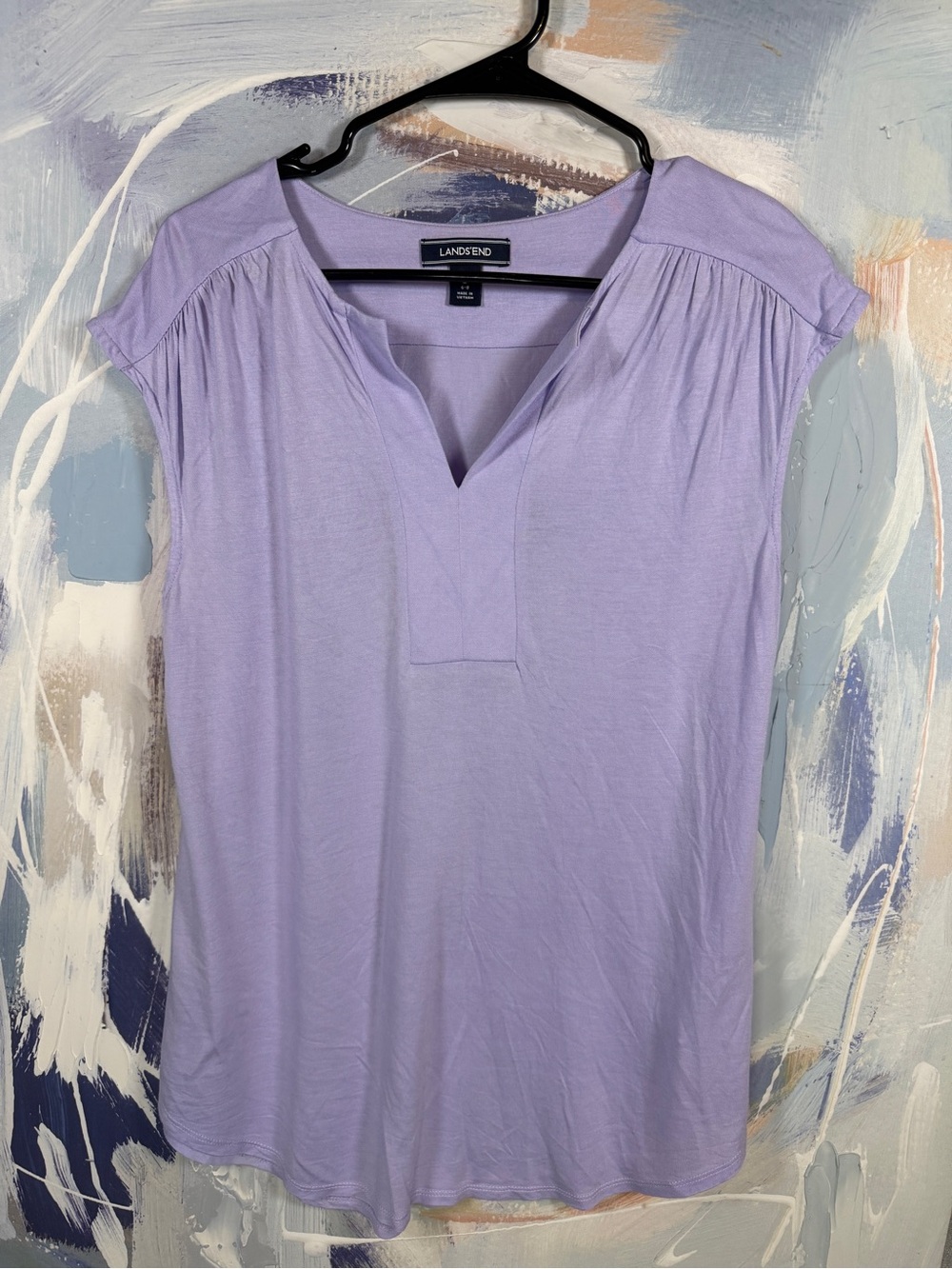 Lands’ End Lavender Purple Split V Neck Gathered Shoulder Rayon Top S